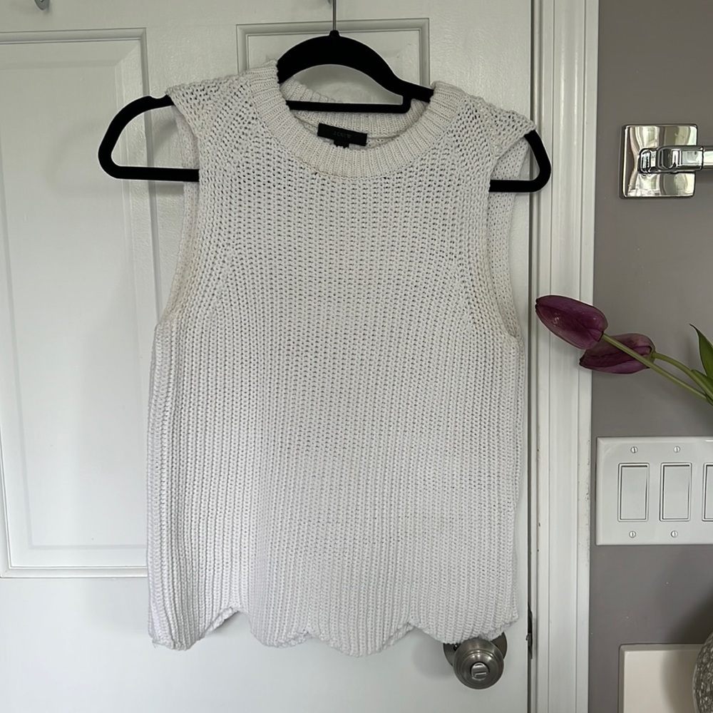 JCrew Scalloped Edge Cotton Knit Tank Top Crew Neck White